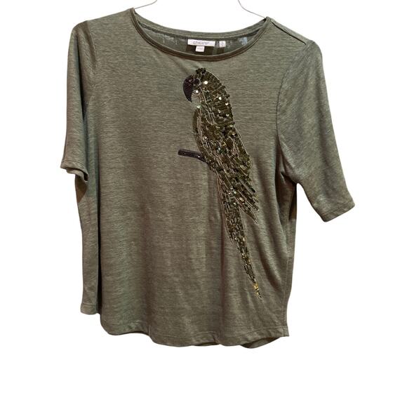 Chicos 100% Linen Green Sequined Parrot Cropped Tshirt Boho Tropical - Picture 1 of 6